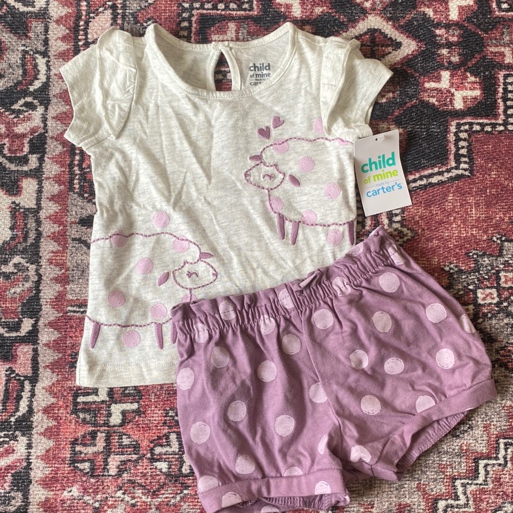 Baby top & short set with little lambs on the top and dots on the shorts.